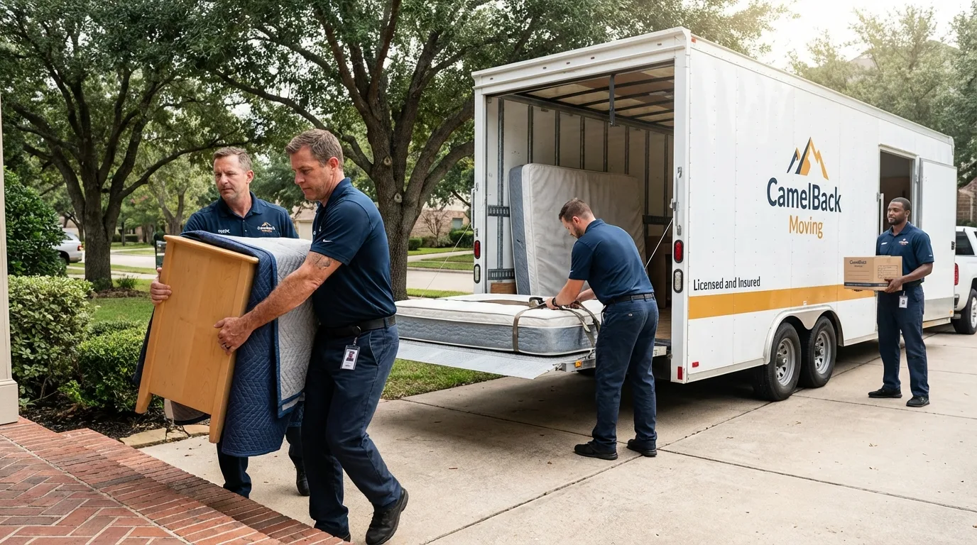 Crew loading residential truck for cross-state move from Greenwood, WI