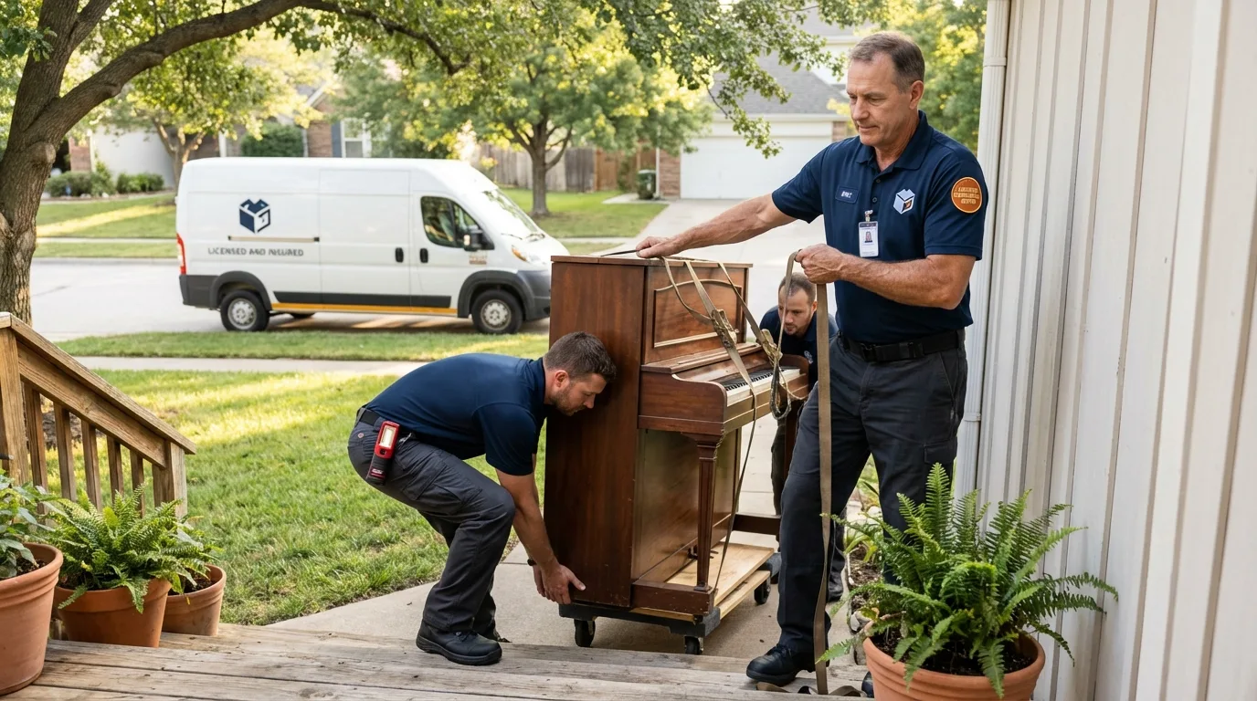 Licensed piano movers securing grand piano in Greenwood, WI