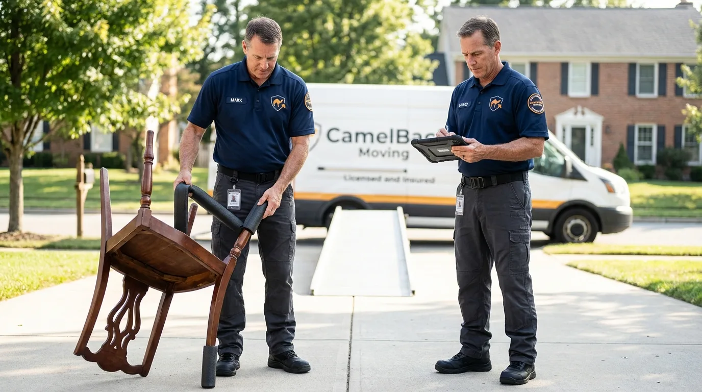 Movers inspecting furniture for damage prevention before loading in Greenwood, WI