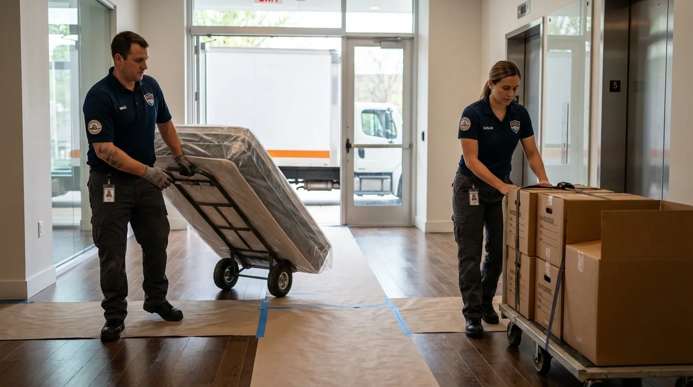 Professional apartment movers loading elevator in Greenwood, WI
