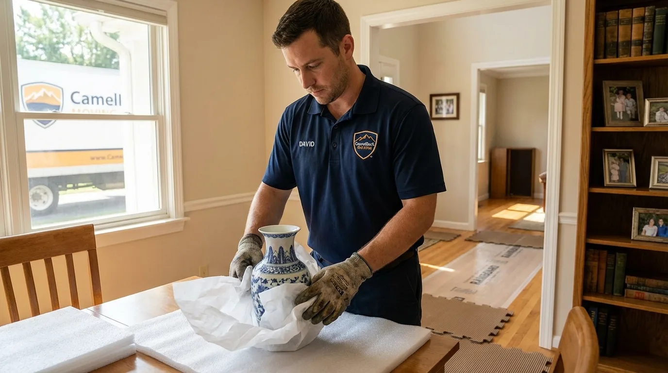 Professional crew carefully wrapping antique vase for senior downsizing move in Greenwood, WI
