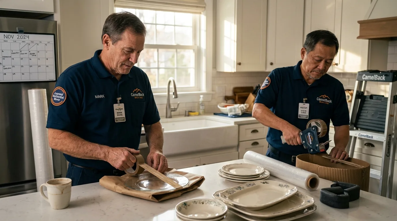 Professional crew packing kitchen dishware in Greenwood, WI